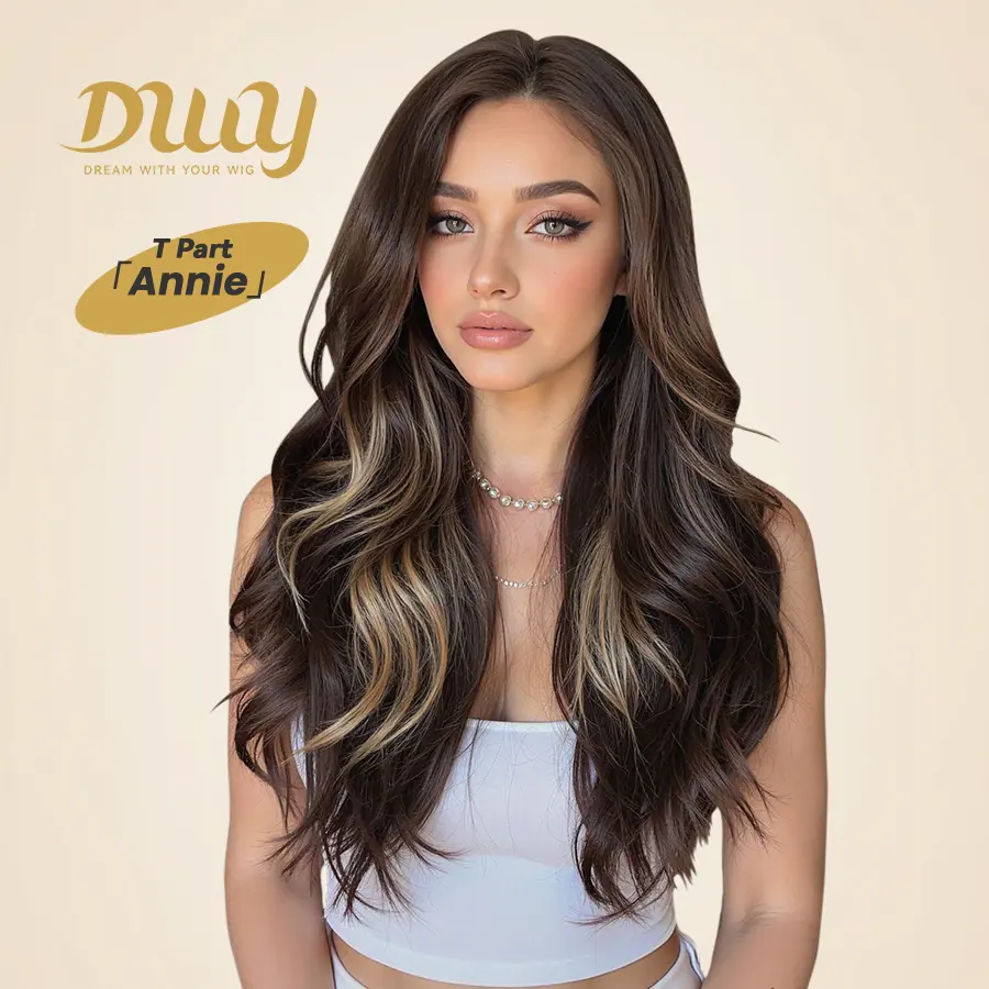 [CLEARANCE SALE] Annie -DWY Pre-cut T-Part Lace Wig Long Curly Wigs Mocha Brown With Highlights Glueless Synthetic Wigs for Women 26 Inches