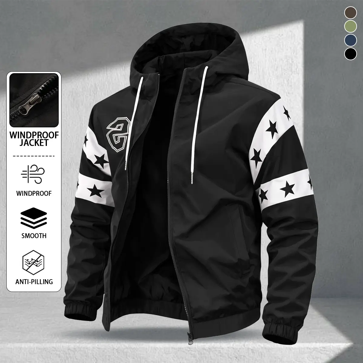 Men's Casual Black Hooded Jacket, Y2K Style Long Sleeve Jacket, Outdoor Windproof Jacket, Parker Coat, Loose Version, Streetwear, Early Spring Wear
