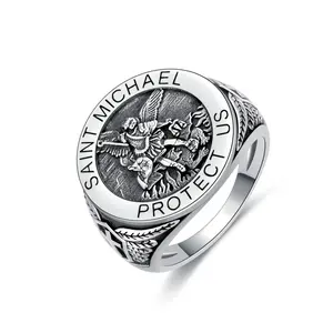 S925 Sterling Silver Saint Michael Men's Ring, Religious Saint Michael Archangel Catholic Medal Coin Men's Ring Gift