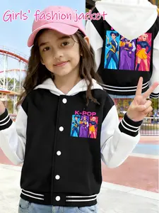 Girls' K-POP Superhero-Style Baseball Jacket: Three Cool Girls Print + Colorful Letter + Contrast Raglan Sleeves + Crisp Wrinkle-Resistant Fabric, Trendy & Eye-Catching, Must-Have for Daily Outings