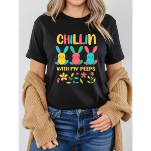 Cute Bunny Peep Graphic Easter Tee Funny Chillin With My Peeps Short Sleeve Crewneck Unisex Fit Soft Cotton Casual Streetwear Top