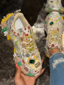 Women's Thick Sole Height Increasing Dad Shoes, Handmade Embellished Fashion Luxury Casual Women's Shoes, Unique Design Comfortable Sneakers Walking Shoes