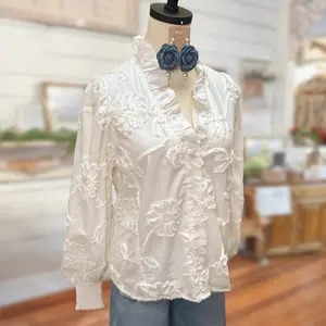 Sagevell Southern Lace Blouse for Women Soft Ivory Button Front Top with Embroidered Details Perfect for Early Spring Jeans or Boots Long Sleeve V Neck Regular Fit