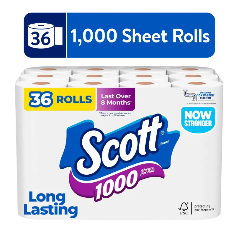 Scott Toilet Paper, 36 Rolls, 1000 Sheets Per Roll, Value Pack Toilet Paper, Scott Tissue, Toilet Roll, Tissue, Bulk Bathroom Tissue, Septic Safe, Bathroom Tissue, Toilet Paper Bulk Pack, Household Paper,