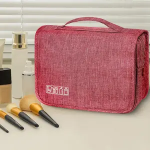 Hanging Waterproof Travel Toiletry Bag for Women, Large Capacity Makeup Bags Organizer for Full-Size Shampoo, Skincare, Brushes & Travel Essentials - Ruby Red