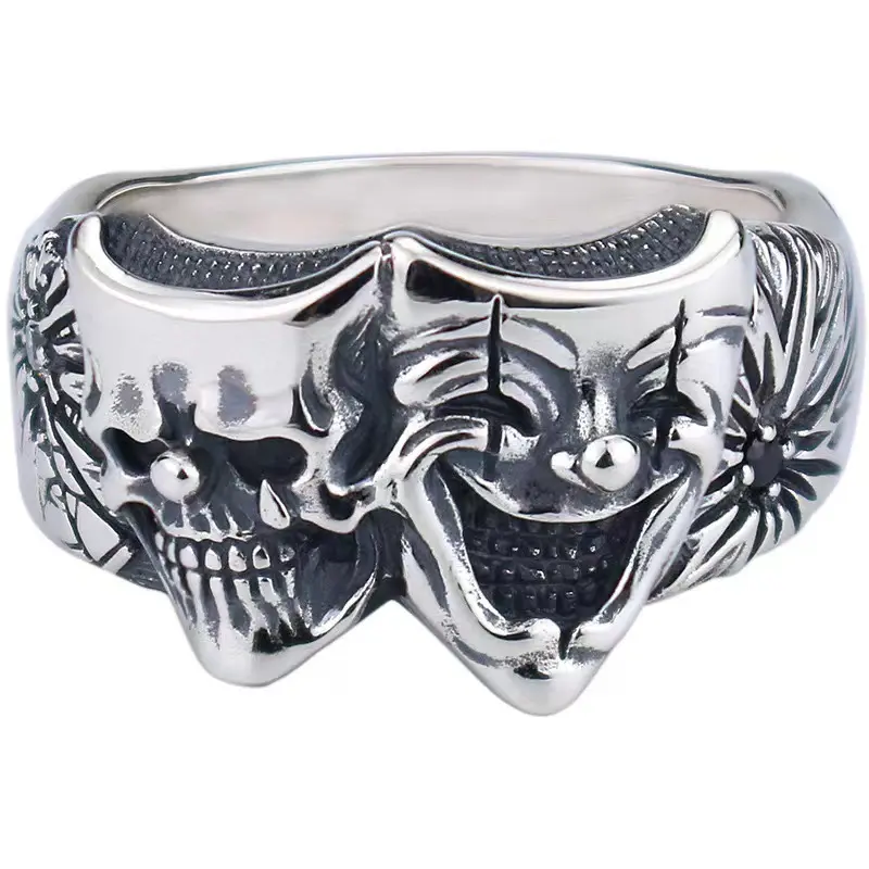 Men's Double-Sided Good/Evil Joker Open Ring - Chunky Decorated Exquisite Trendy Retro Gothic Hip Hop Handmade Dark Aesthetic Witchy Artificial Gemstone Statement Ring, Men's Accessories, 30-Day Money Back Guarantee