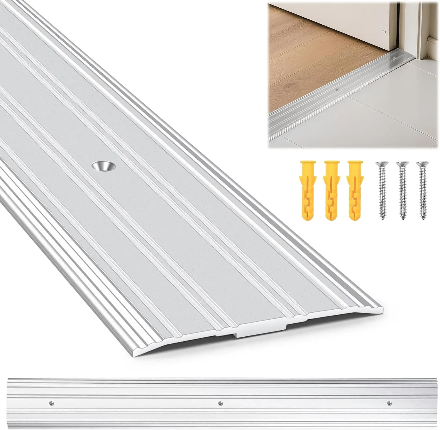 36" L x 3" W Aluminum Door Threshold - Non-Slip Fluted Exterior Floor Transition Strip with Pre-Drilled Holes and Expansion Screws, Flat Saddle Threshold Prevents Dust & Airflow