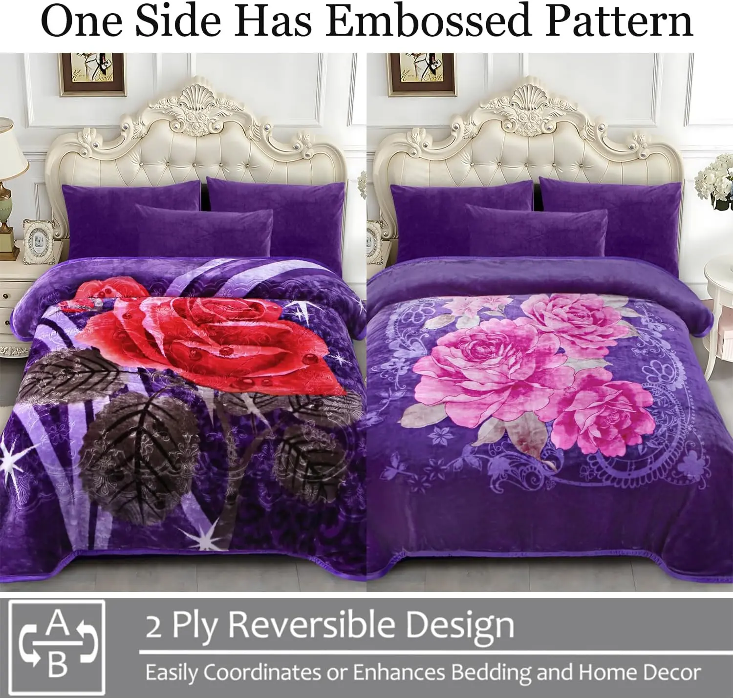 Queen Fleece Blanket 75 x 87 in, 5 lb 2-Ply Reversible 520 GSM Thick Plush Bed Blanket for Fall and Winter
