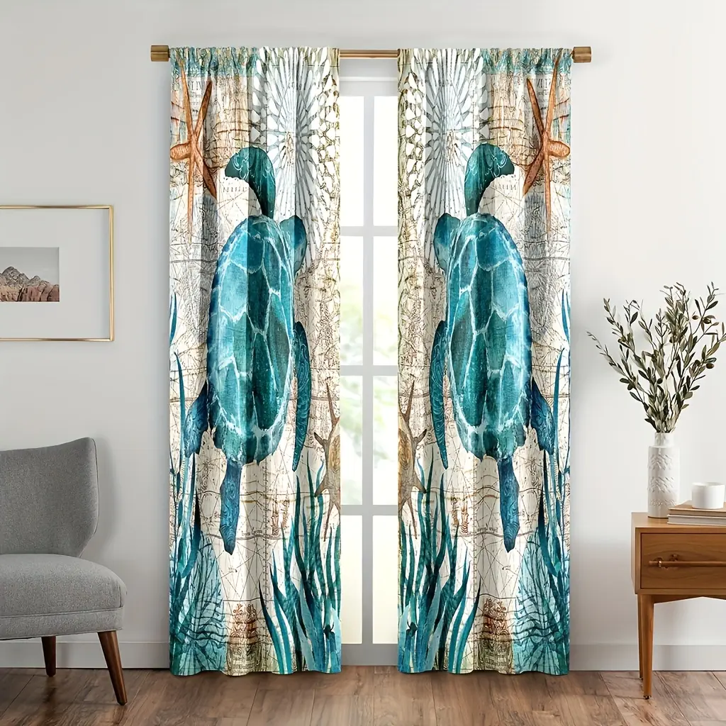 2pcs Sea Turtle Home Textile Curtains, Tropical Ocean Beach Teal Starfish Coral Reef Nautical Theme Drapes with Soft Texture, Interior Decoration Accessories for Bedroom/Living Room Windows, Window Drapes