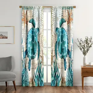 2pcs Sea Turtles Curtains Tropical Ocean Beach Teal Turtles Starfish Coral Reef Nautical Map Decor Bedroom Living Room Window Drapes