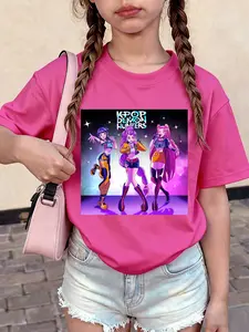 Girls' Round Neck Short Sleeve T-Shirt, Graphic Tee, K-Pop Girl Group Singing Stage Cartoon Pattern, Soft Comfortable Knit Fabric, Summer Outdoor Activities, Cartoon Print Tee