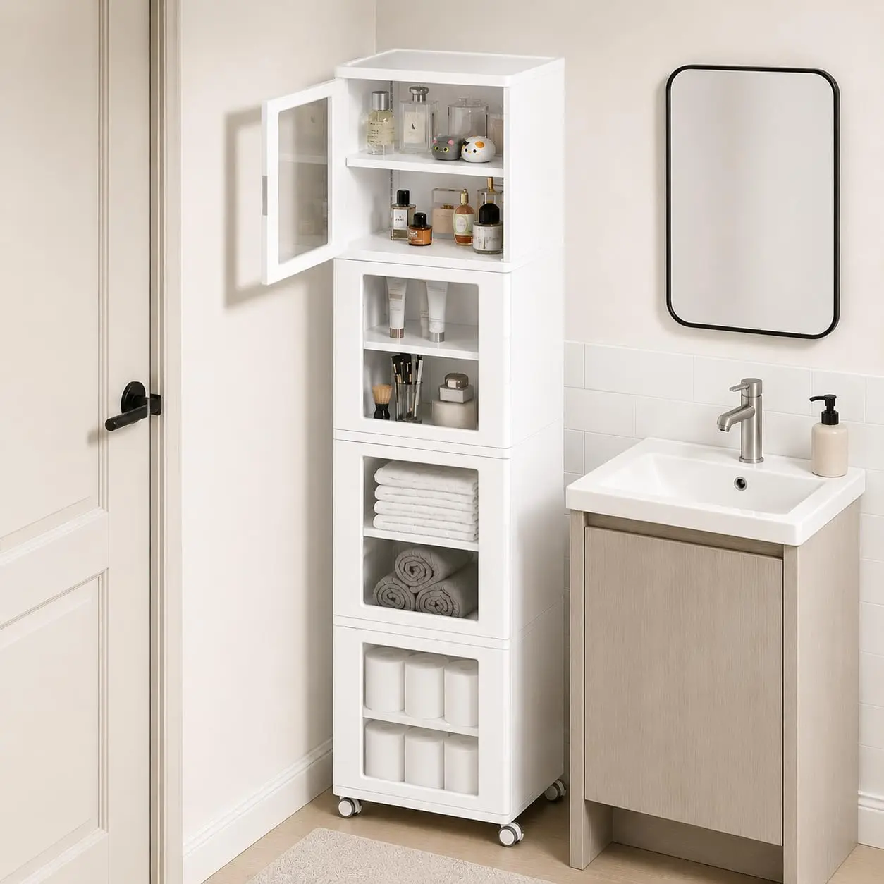 【Bathroom Storage Cabinet】Vtopmart 63.2" Tall Slim Bathroom Storage Cabinet with 4 Adjustable Shelves and 4 Doors, Freestanding Cabinets Organizer with Wheels and Anti-tip for Laundry, Kitchen, Pantry, White