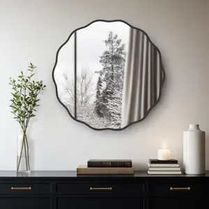 Freya Wavecrest Scalloped Black Edge Wall Mirror| Entryway Mirror| Living Room Mirror| |Unique Design Wall Decor| Large Mirror Decor Light