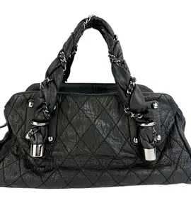 Pre-owned CHANEL Distressed Leather Lady Braid Bowler Bag Shoulder Bags Black Distressed Leather Lady Braid Bowler Bag