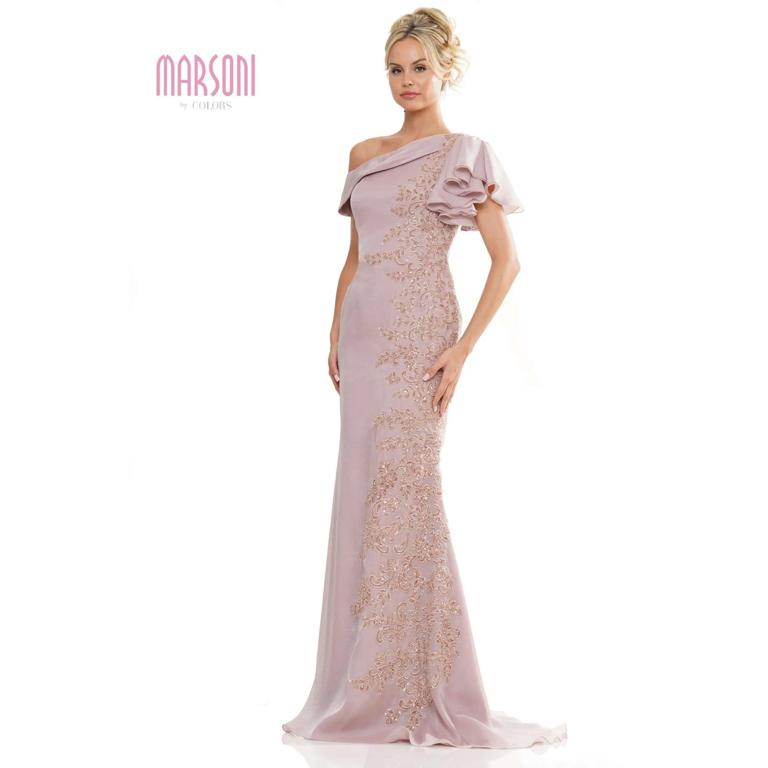Marsoni by Colors -MV1272 Ruffled One-Shoulder Novelty Organza Gown