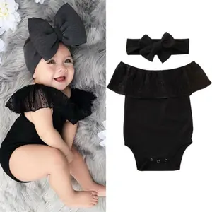 Newborn Baby Girls Romper Lace Sleeveless Off Shoulder Black Bodysuit  Jumpsuit Headband Summer Clothes 0-18M
