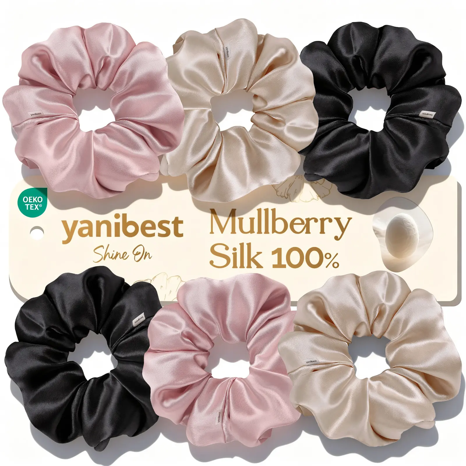 Yanibest 100% Mulberry Silk Elastic Hair Rubber Bands No Damage Scrunchies - 4-Inch Plain, Wavy, Coily Hair Accessory for Women, 6 Pcs Classic Summer Deals