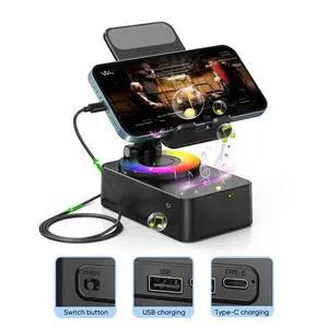 Bluetooth Audio Speaker with Phone Stand, Phone Speaker Amplifier, Stereo Sound, RGB Ambient Light, 360° Adjustable Holder Compatible with Smartphone iPhone/iPad/Android/Samsung Galaxy-Black