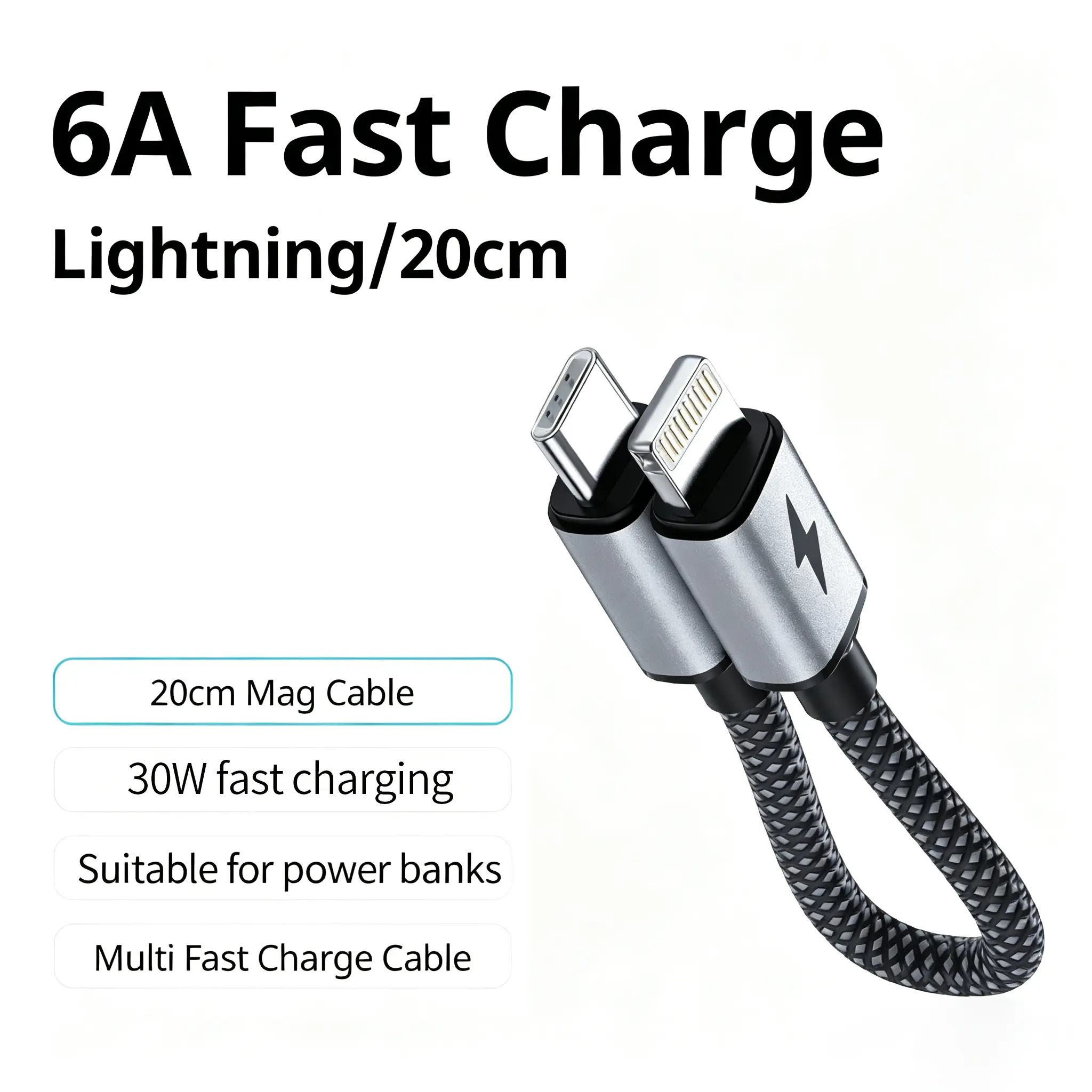 Kaxoe 0.2M Braided Magnetic USB-C to Lightning Short Cable for Power Bank,30W PD Fast Charging Cable, Compatible with iPhone 6-14 Plus Pro Max,Suitable for home use, outdoor trips and hiking