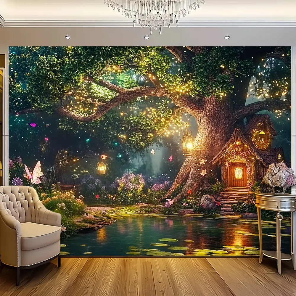 Vibrant Polyester Watercolour Fairy Forest Tapestry - Home Wall Decor Decoration, Enchanted Tree & Cottage Design with Brightening Magical Glow, Easy-Install & Easy-Remove, Ideal for Living Room, Holiday Gift, 60x40in, Animals, Soft Polyester