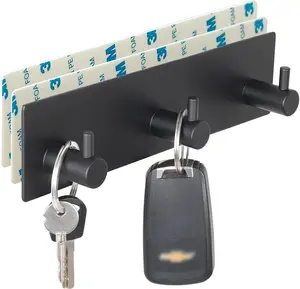 Key Holder for Wall with 2 Self-Adhesive Tapes, No Damage Key Holder Rack for Wall with 3 Key Hooks for Entryway, Door, Bathroom, Kitchen(Black)