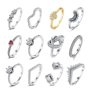 FASHION - Original 925 Sterling Silver Ring Love Heart Wishbone Moon Sun Rings Crystal Rose Gold For Women Wedding Gift Luxury Jewelry