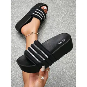 Women Rhinestone Decor Flatform Slide Sandals, Glamorous Summer Lycra Wedge Sandals Valentines