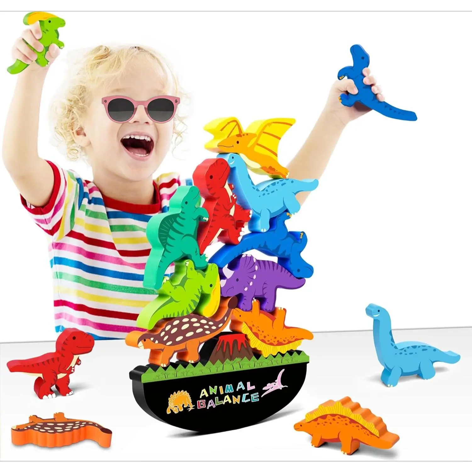 P-MTS047 Montessori Wooden Dinosaur Stacking Balancing Block Set - Toddler Toy for 2-5 Year Old Boys, Safety First, Teamwork-Focused Holiday Perfect Gift, Holidays