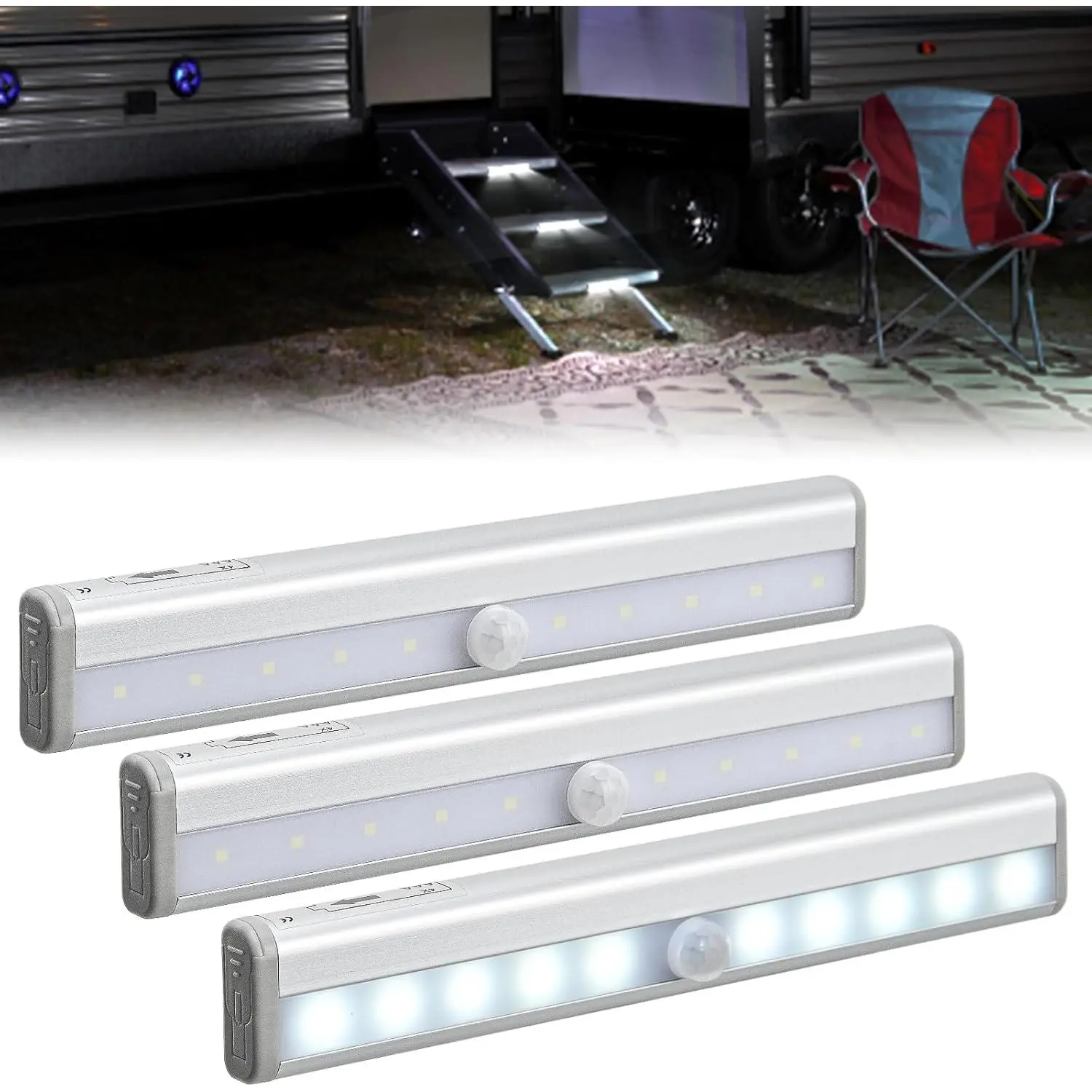 Nlilght RV Step Lights 3PCS Motion Sensor Activated LED Bar RV Exterior Lights Battery Operated Wireless Magnetic Stick Strip Lighting for Motorhome Travel Trailers Camper Under Cabinet Step Tent