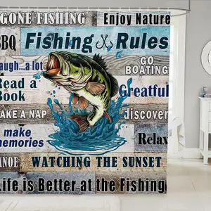 Feelyou Kids Fish Motif Shower Curtain - Teal Wooden Plank Design, Waterproof, Washable Modern Curtain for Lake House, Cabin Bathrooms, Includes 12 Hooks, Fish Motif Curtains