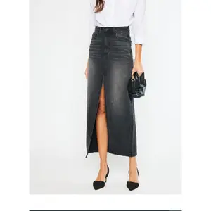 Kancan Paloma 90's Maxi Skirt Chic Fashion Fit Women's Black Bottom High Waist Rigid Cotton Midi Skirt with Center Front Slit Vintage Piece Style Love Denim