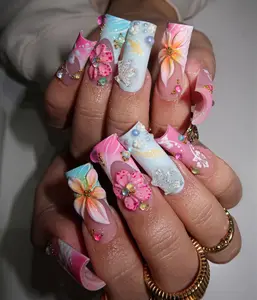 Alice WonderNails – Tropical Paradise Press On Nails with 3D Flower & Seashell Accents | Colorful Summer Beach Nail Set | Handmade Nails – AW420.