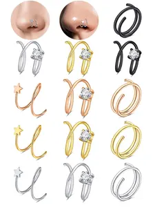 2PCS Double Nose Ring Hoop for Nose Piercing Stainless Steel Spiral Twist Nose Hoop 20G Nose Piercing Hoop for Women Clear CZ Twist Nose Ring