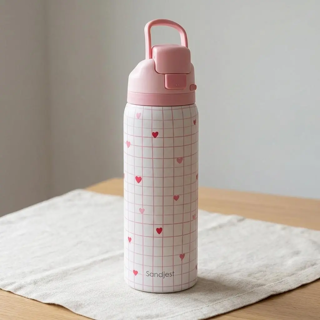 SANDJEST Pink Aesthetic 32oz Stainless Steel Push-Button Water Bottle, Vacuum Insulated Drinkware for Travel Sports Gym Gift for Her