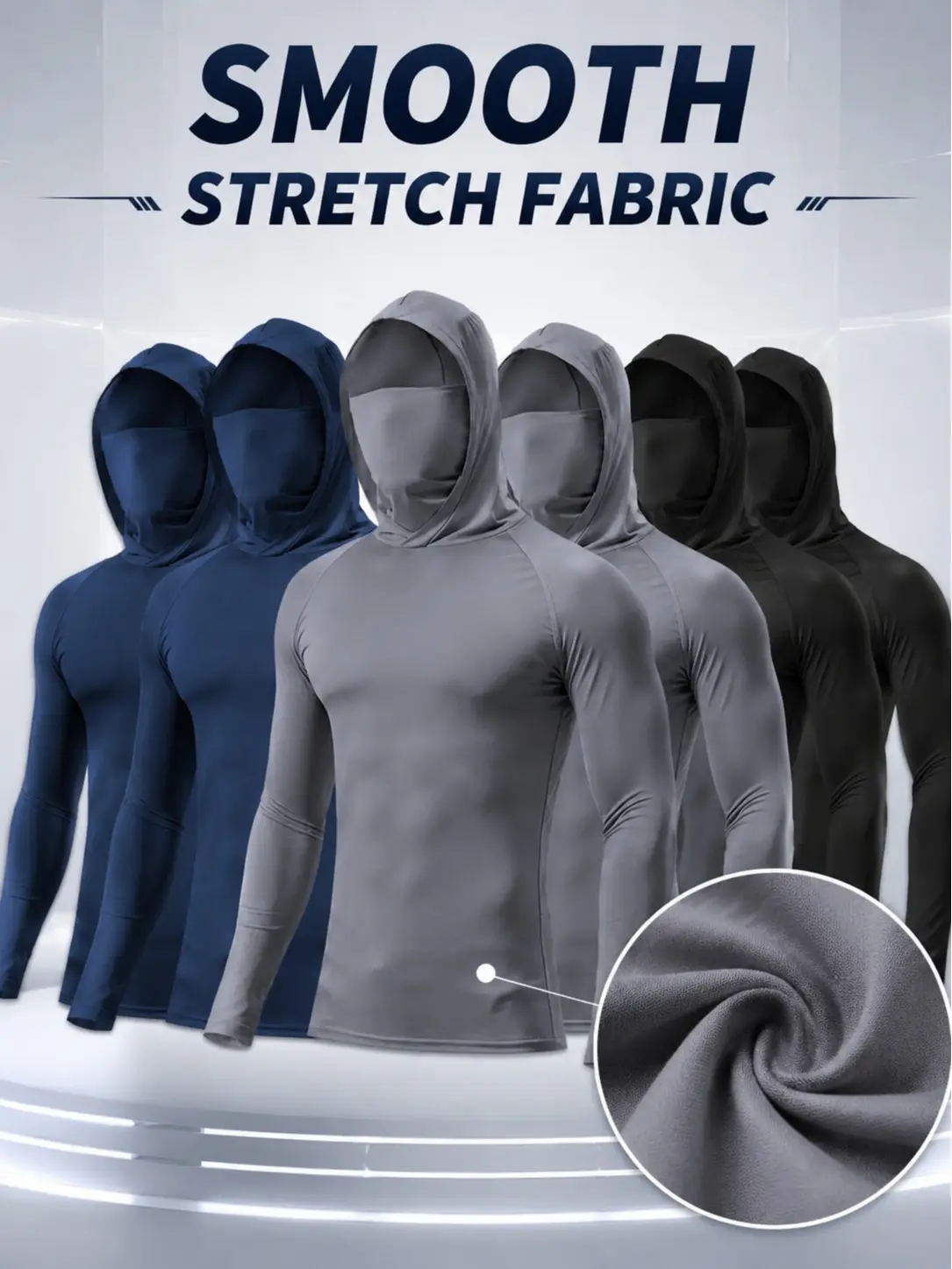 6-Pack Men's Hooded Quick Dry Performance Shirts with Face Mask Gaiter, Breathable Long Sleeve Compression Workout Tops for Training, Running, Fishing, Hiking, Construction Work & Outdoor Sports