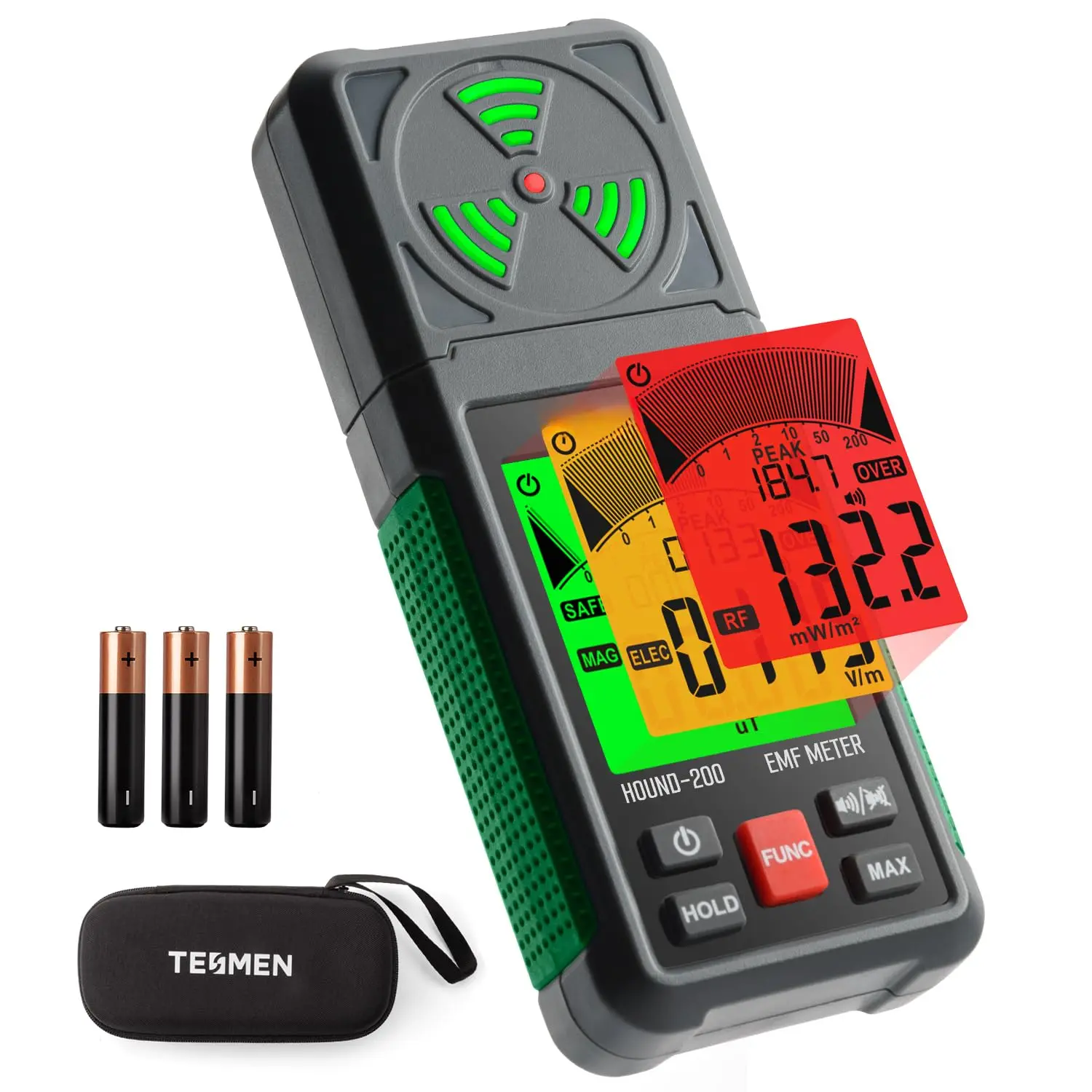 EMF Meter, -200 EMF Detector: 3-in-1 Portable Electromagnetic Field Radiation Detector for EF, RF, MF, WiFi Signal, Suitable for Home, Office EMF Inspections and Ghost Hunting - Green