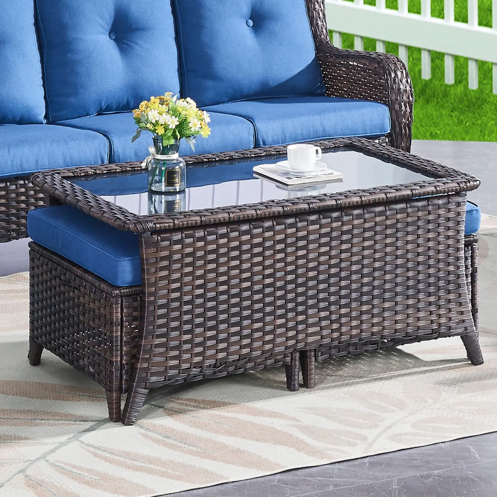 Belord NTC Series 46" Oval Wicker Coffee Table - Single Unit, Oval Shape, Wicker Frame, Tempered Glass, Steel Legs, Storage Under, Space-Saving Outdoor Table