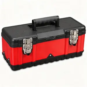 15.5 Inch Small Portable Steel Tool Organizer Box with Built-in Short Non-slip Handle and Removable Tray for Car Storage