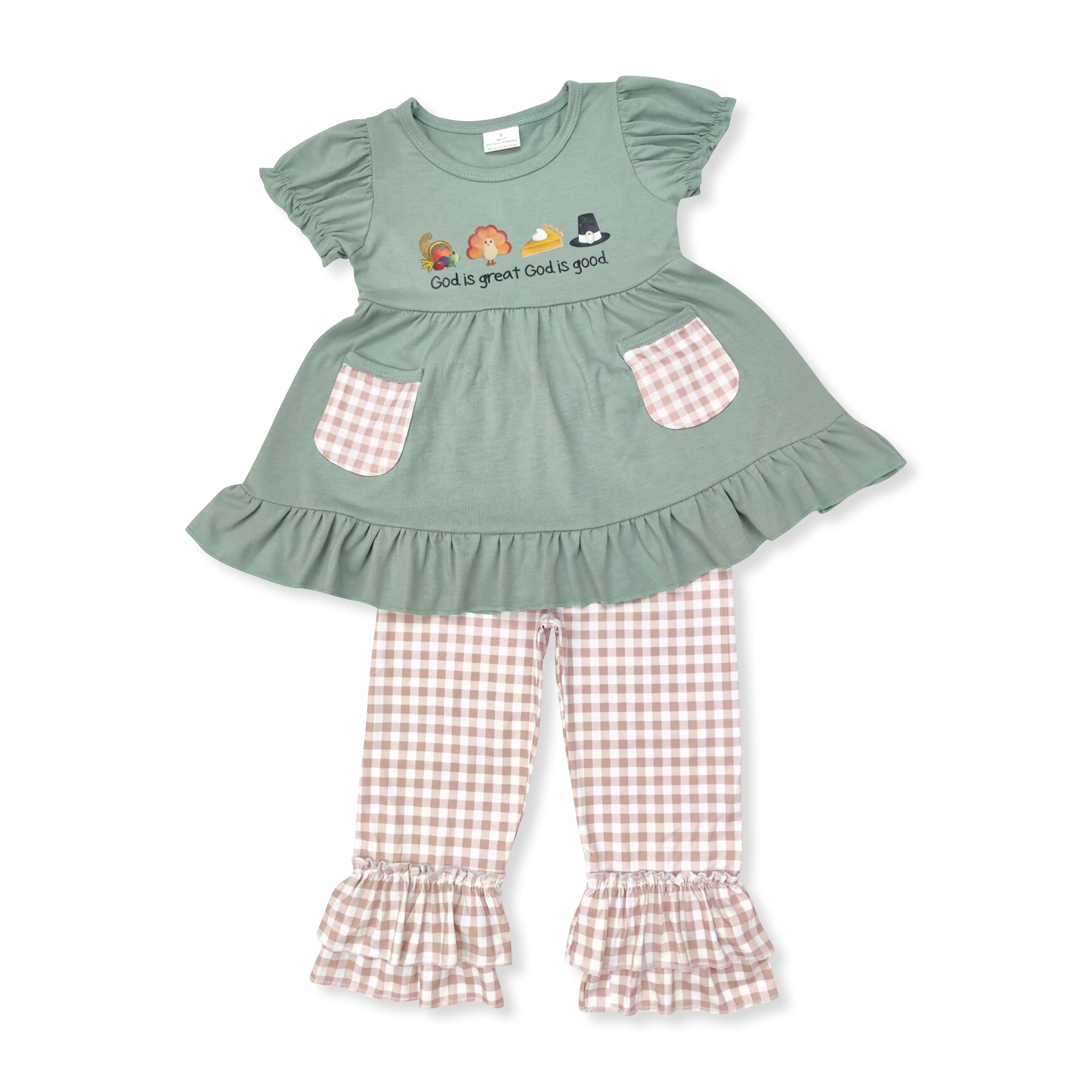 Thanksgiving green turkey plaid Print Girls sets