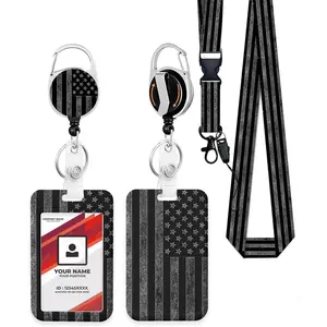 ID Badge Holder with Retractable Badge Reel Clip, Detachable Lanyards for ID Badges, Vertical ID Card Holder for Women, Men, , Doctors, Teachers, Office Gifts - Black White  Flag