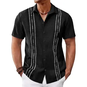 Mens Cuban Guayabera Short Sleeve Button Down Shirts - Embroidered Linen Casual Summer Beach Wedding Tops