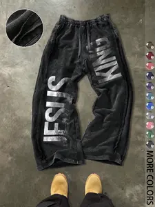 Men's Casual Loose Cotton Sport Pants, Jesus Letter Print, Outdoor, Vacation, Party, Daily Wear, Street Style, Drawstring Waist, Everyday Street Pants