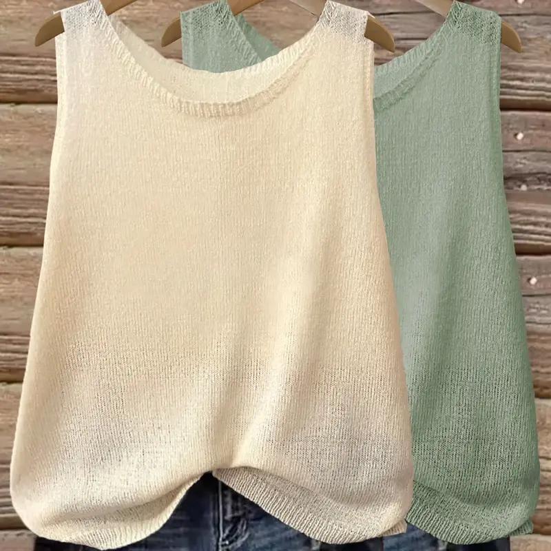 Women's Solid-Color Round-Neck Fitted Lightweight Sleeveless Knit Fabric Sweater Vest for Summer Everyday Wear
