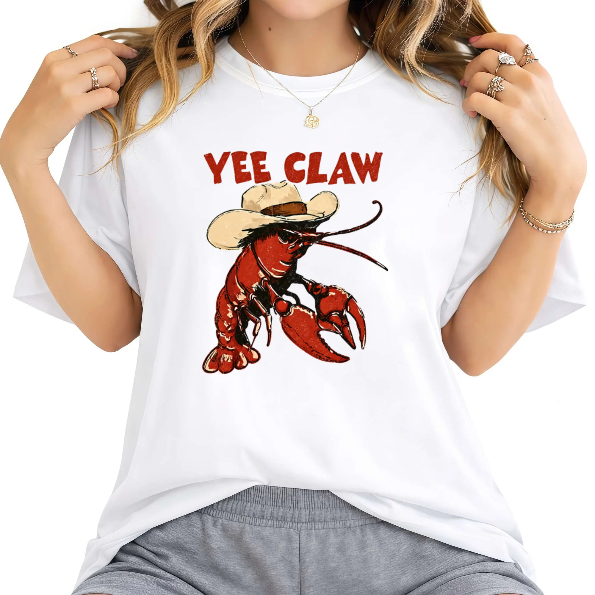 Women's Fitted Casual Cotton Lobster Cowboy T-Shirt - Trendy Yee Claw Tee, Funny Western Beach Top for Amalfi Coast Trip, Tomato Girl Summer