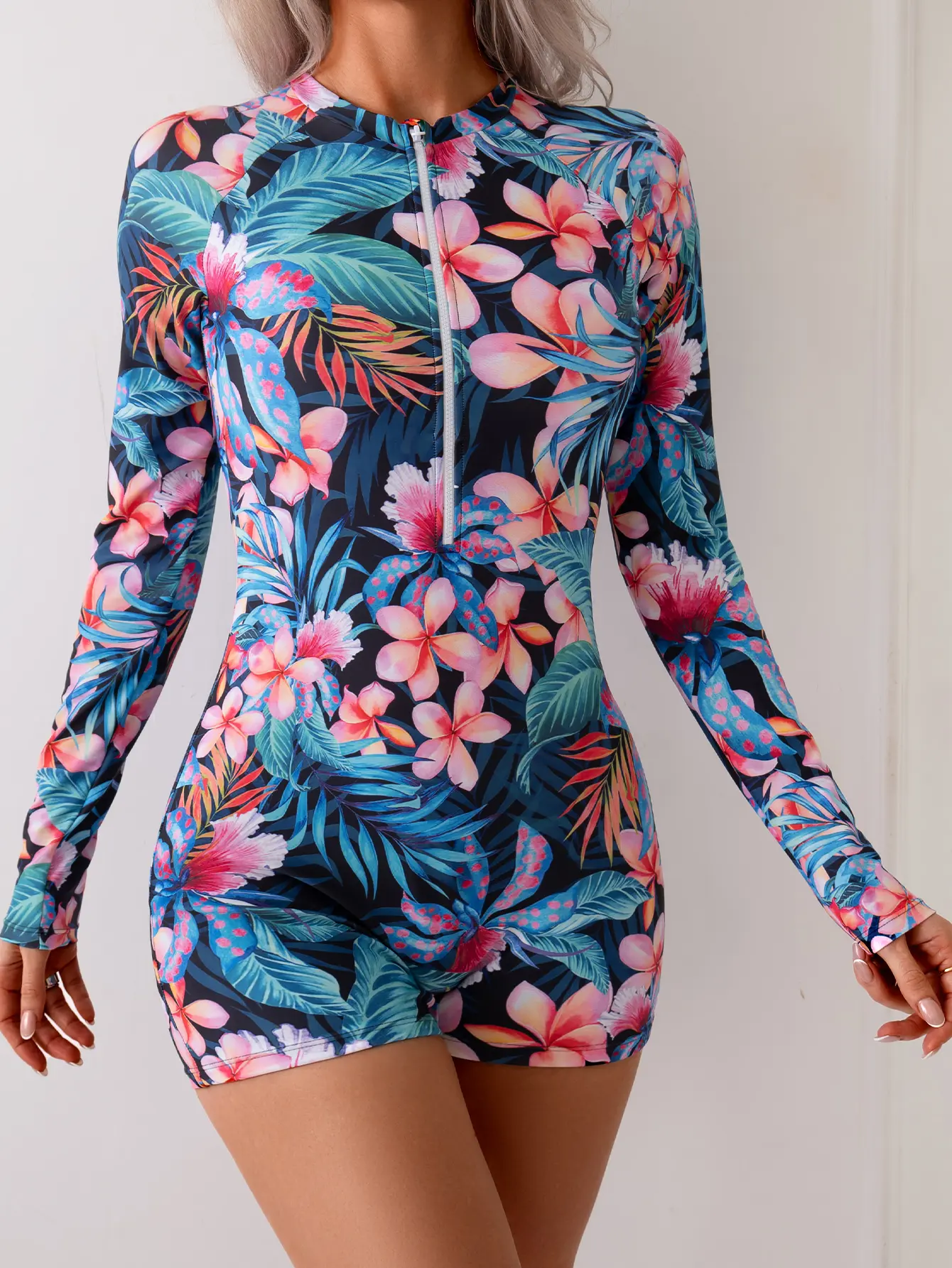 Floral Long Sleeve Rash Guard Romper Swimsuit for Women Zip Front One Piece Swimwear Boyshort Bathing Suit UV Sun Protection Beachwear
