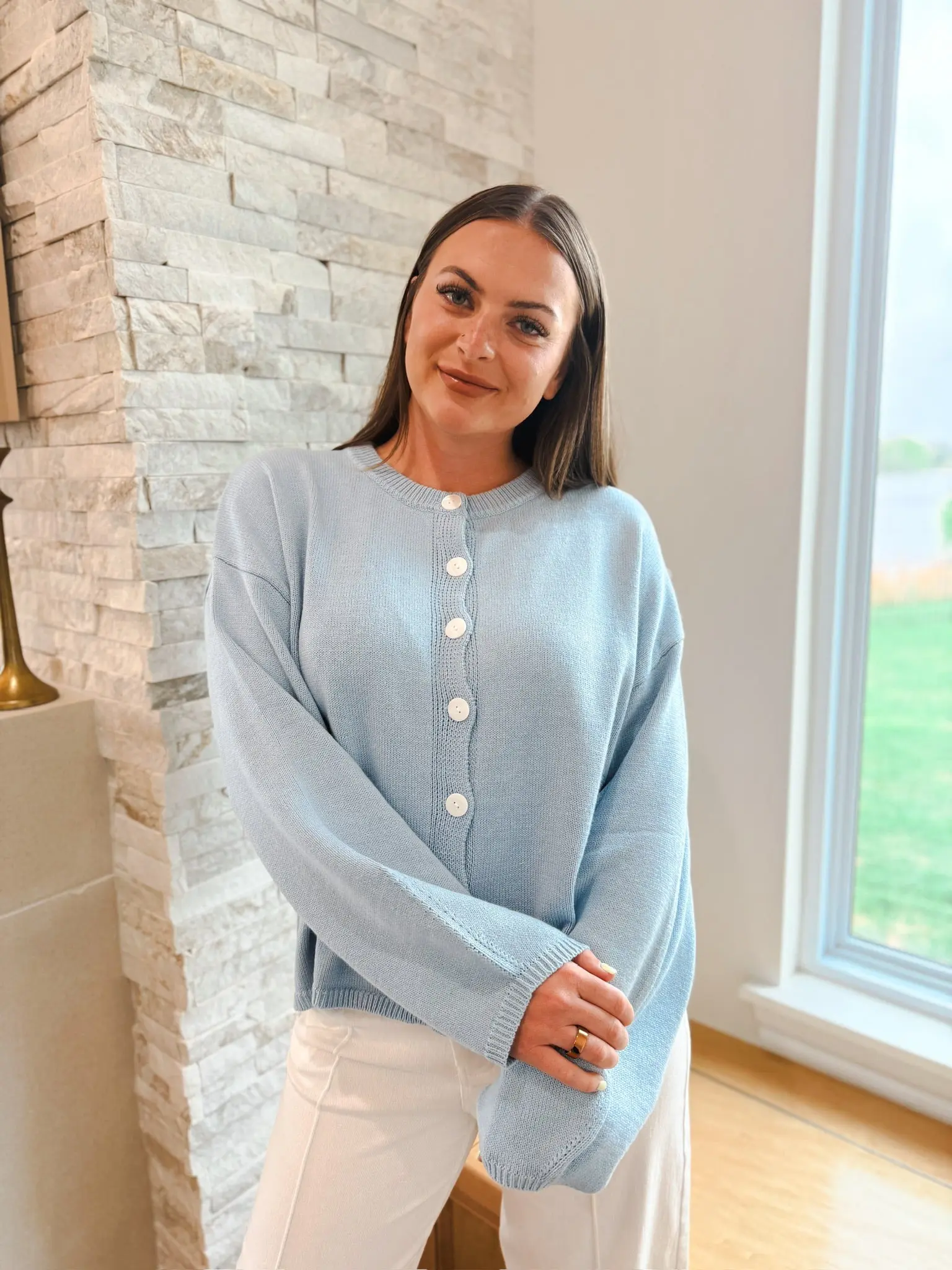 Light Blue Willow Cardigan – Oversized Balloon Sleeve Button Front Sweater