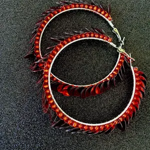 Earrings Red Beaded with Sparkling Sequins Handcrafted - Elegant Round Dangles