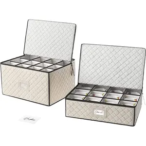 Set of 2 Quilted Wine Glass Storage Containers, Packing Boxes for Mugs Glassware Stemware Coffee Cups, 12pcs Per Box with Insert Label Cards - Beige