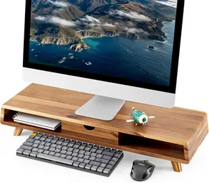 Acacia Wood Monitor Stand with Drawer - Wooden Monitor Riser for Desk, Multi-Purpose Desktop Storage Stand for Computer Laptop Printer TV, Patented 24.4" x 8" x 5"