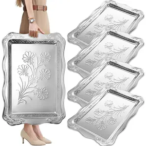 4 Pack 21.6" x 14.6" Large Silver Stainless Steel Floral Engraved Mirror Serving Platters for Dessert Table Wedding Desserts Party Food Display Classic